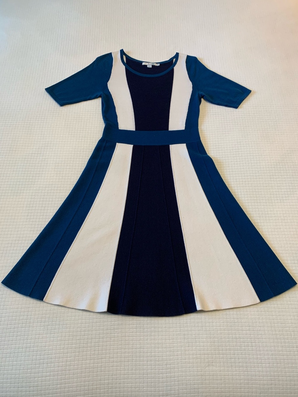 Boden teal/cream/navy color block knit dress